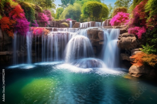 A cascading waterfall of ethereal colors merges into a serene pool below  Generative AI