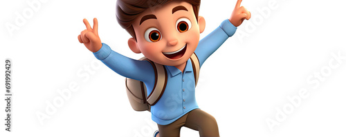 Happy boy with chool bag 3d illustrative on white background.  back to school concept. cartoon style photo