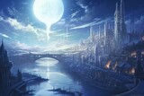 Ethereal depiction of an otherworldly cityscape, bathed in soft moonlight, Generative AI