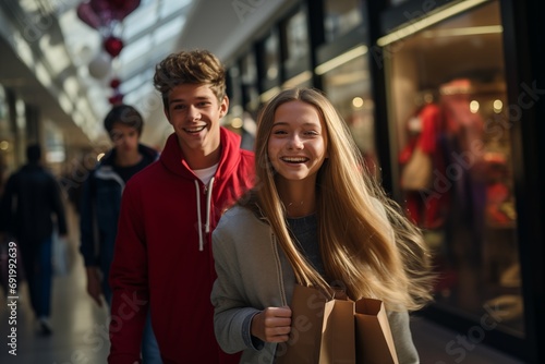 Two happy girl with guy friends shoppers holding shopping bags, female teenage shopaholics standing. Retail fashion sale, mall boutique discounts bargains and gifts concept.