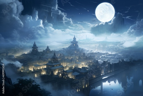 Ethereal depiction of an otherworldly cityscape  bathed in soft moonlight  Generative AI