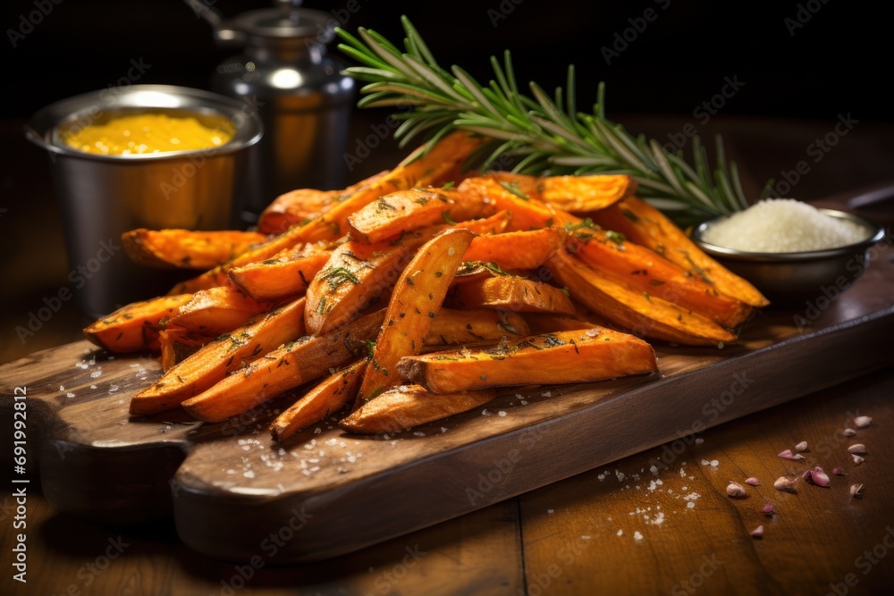 a pile of baked sweet potato wedges on a cutting board next to a small bowl of salt and a sprig of rosemary. a pile of baked sweet potato wedges on a cutting board next to a small bowl of salt and a sprig of rosemary.