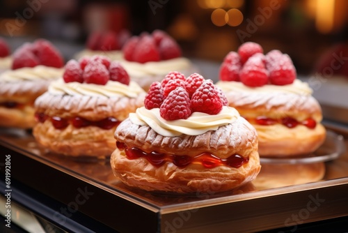  a close up of a tray of pastries with raspberries and powdered sugar on top of them.