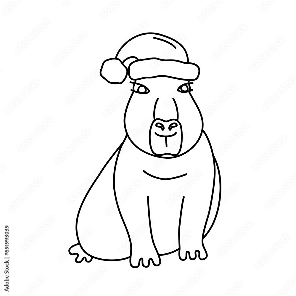 Vector line illustration of a capybara in Santa's hat. Vector line illustration of a capybara in Santa's hat.
