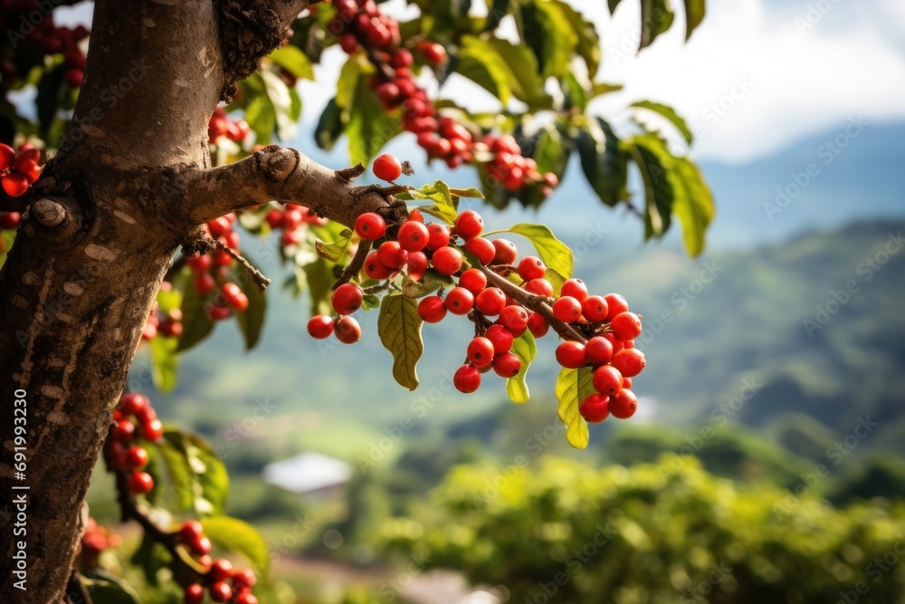  a tree filled with lots of red berries on top of a lush green forest covered in lots of green leaves.