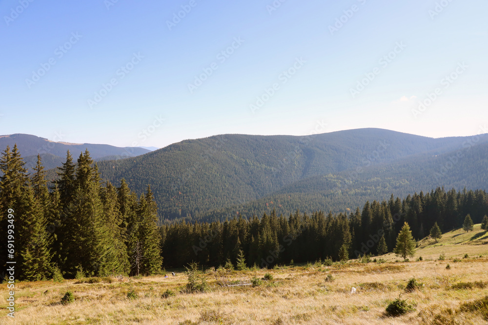Landscape with Mount Hoverla hanging peak of the Ukrainian Carpathians against the background of the sky and clouds
