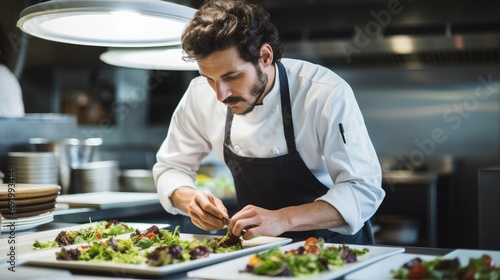 Male chef plating food in plate while working in commercial kitchen,