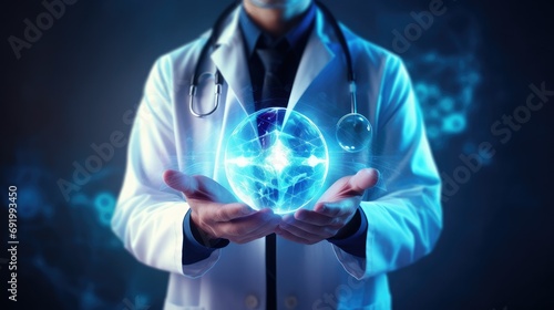 Medicine doctor hold icon health and electronic medical record on interface. Digital healthcare and network connection on hologram virtual screen,