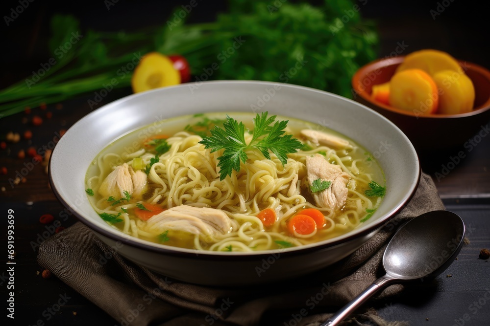 Homemade chicken noodle soup with vegetables and spices in a bowl. Healthy food concept Homemade chicken noodle soup with vegetables and spices in a bowl. Healthy food concept
