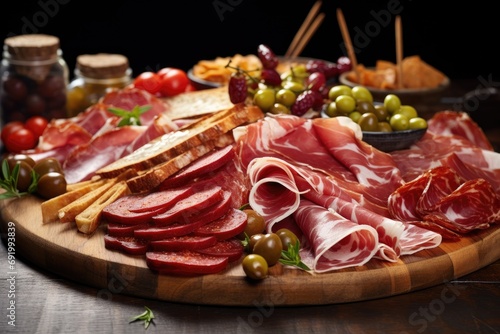 Cured meat platter of traditional tapas. Snacks food with ham  prosciutto  salami  chorizo sausage.