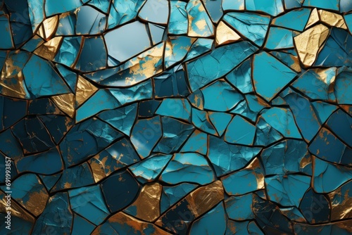  a close up view of a blue and gold mosaic tile wall with lots of gold and blue tiles on it.