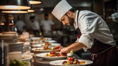 Side view of man in chef hat serving meal in restaurant kitchen pouring dishes with sauce,