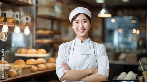 Smiling asian female bakers looking at the camera, Chefs baker in a chef dress and hat,
