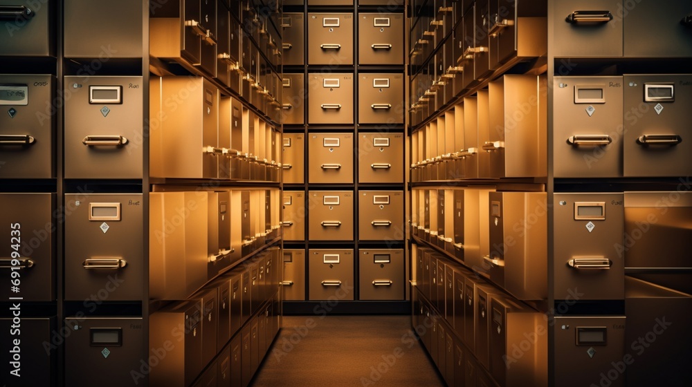 Rows of filing cabinets in a well-organized storage area with neutral tones and efficient lighting - obrazy, fototapety, plakaty 