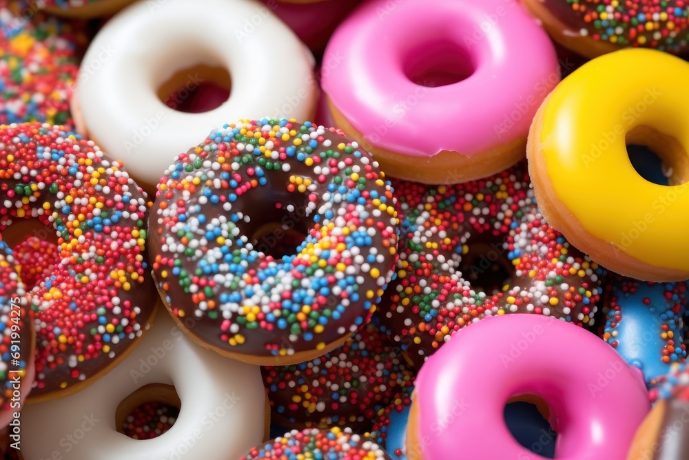a close up of a pile of doughnuts with sprinkles and colored sprinkles. a close up of a pile of doughnuts with sprinkles and colored sprinkles.