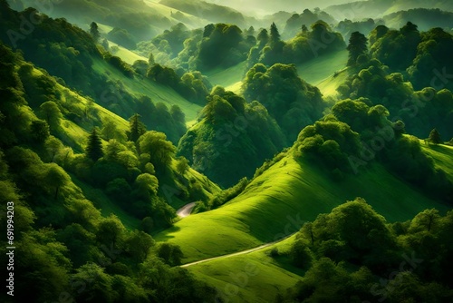 Rolling hills covered in verdant forests.