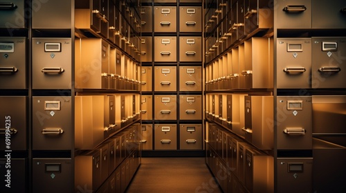 Rows of filing cabinets in a well-organized storage area with neutral tones and efficient lighting