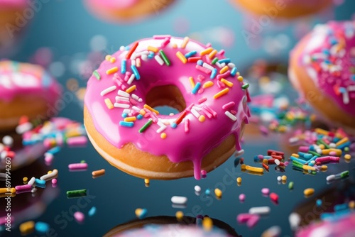  a pink frosted donut surrounded by sprinkles and other sprinkles on a blue background.