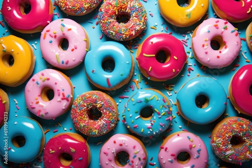  a bunch of doughnuts with sprinkles on top of each of the doughnuts is blue and has pink, yellow, pink, blue, yellow, and pink and green sprinkles. photo