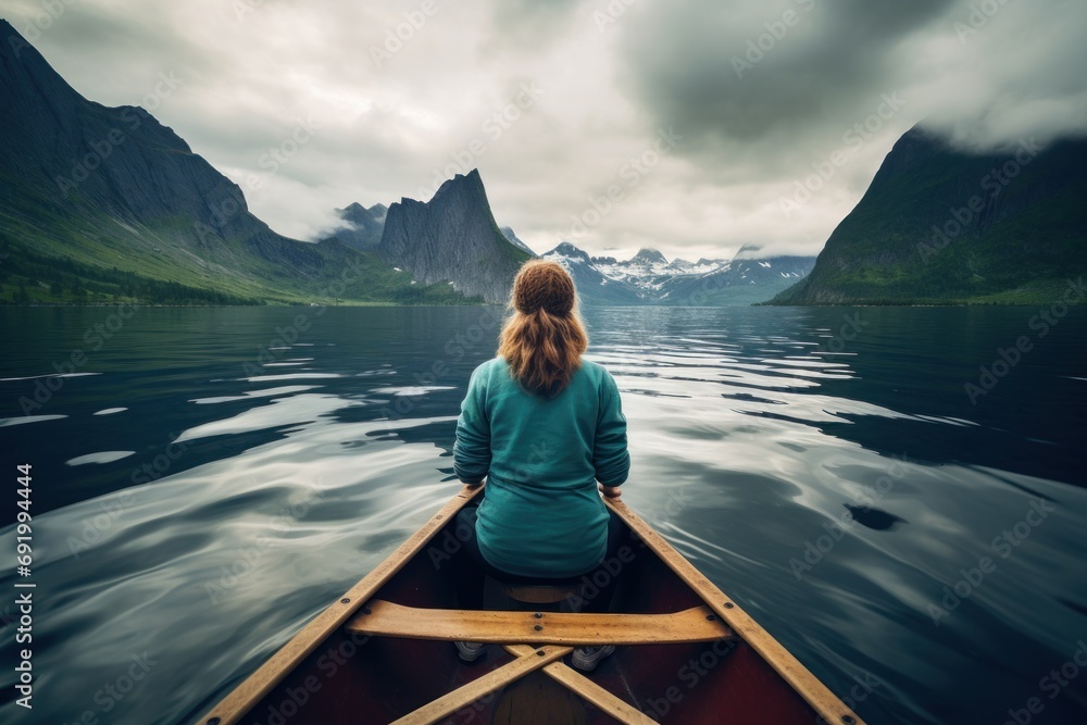 a woman sitting in a boat in the middle of a body of water with a mountain range in the background. a woman sitting in a boat in the middle of a body of water with a mountain range in the background.