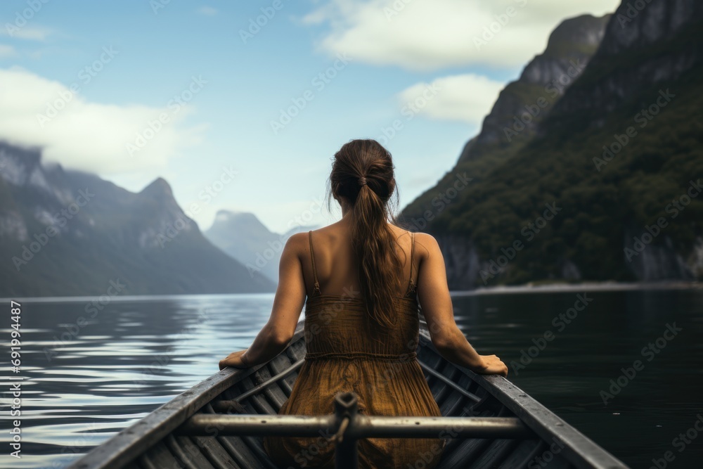  a woman in a brown dress paddling a boat on a body of water with mountains in the back ground.
