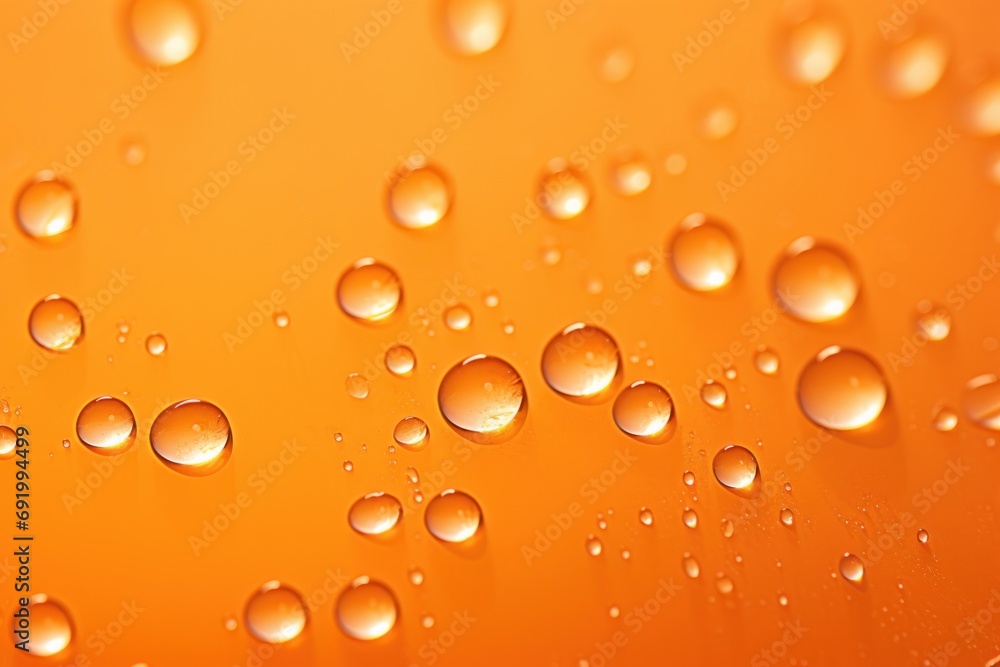  a close up of water droplets on an orange surface with a yellow sky in the background and a yellow sky in the foreground.