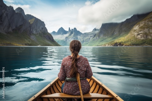  a woman with long hair sitting in a boat on a lake with mountains in the background and a sky filled with clouds. © Shanti