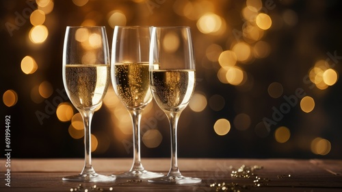 two glasses of champagne against bokeh lights background,