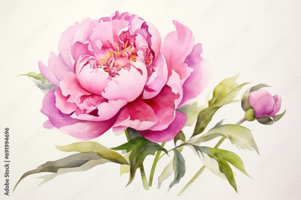 a watercolor painting of a pink peony flower with green leaves on a white background with a white background. a watercolor painting of a pink peony flower with green leaves on a white background with a white background.