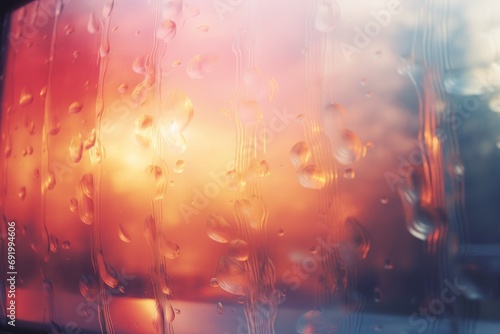  a close up of a rain covered window with the sun shining through the window and raindrops on the glass.