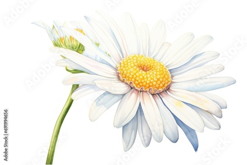  a watercolor painting of a white flower with a yellow center and a bud on the center of the flower.