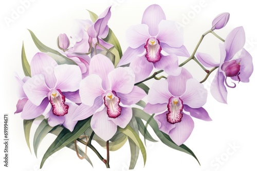  a painting of a bunch of purple orchids with green leaves on a white background with a white back ground.