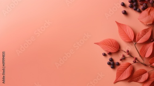 Beautiful red leaves with dark berries on a peach pastel and orange background. Autumn colors. Place for text,