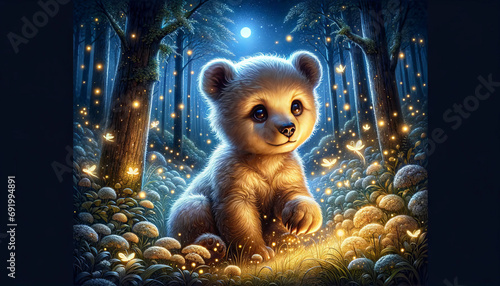 A serene and intricate illustration of a bear cub playing with fireflies in a moonlit glade photo