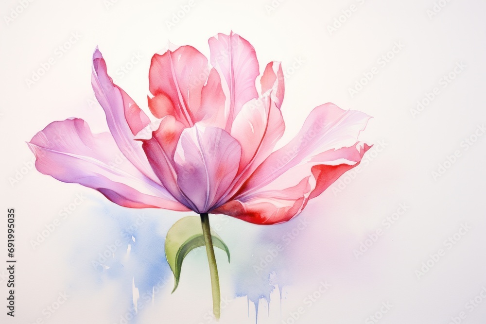  a watercolor painting of a pink flower with a green stem in front of a light blue and white background.