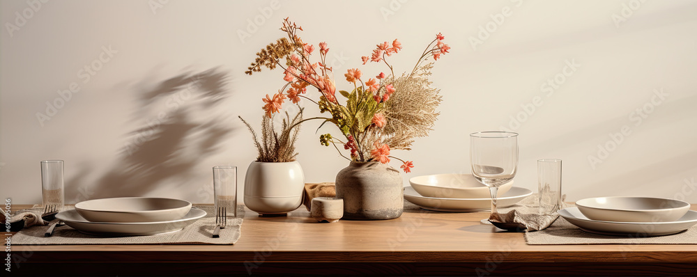 Wooden table with green flowers decoration.