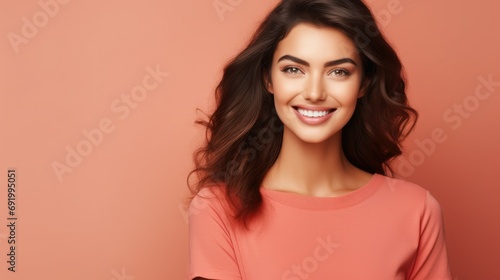 pretty cheerful lady stylish red clothes space beauty procedure isolated on pastel peach color background,