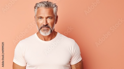 Fueling Passio bearded middle-aged man in casual wearing white T-shirt on pastel peach background with space text, photo
