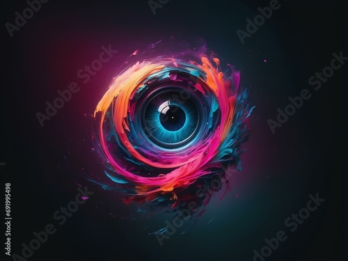 eye in vortex, glowing lines, black background, isolated for design