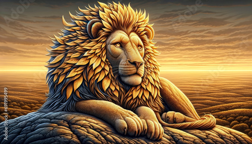 A strikingly detailed illustration of a lion with a mane of golden leaves lying regally on a rock photo