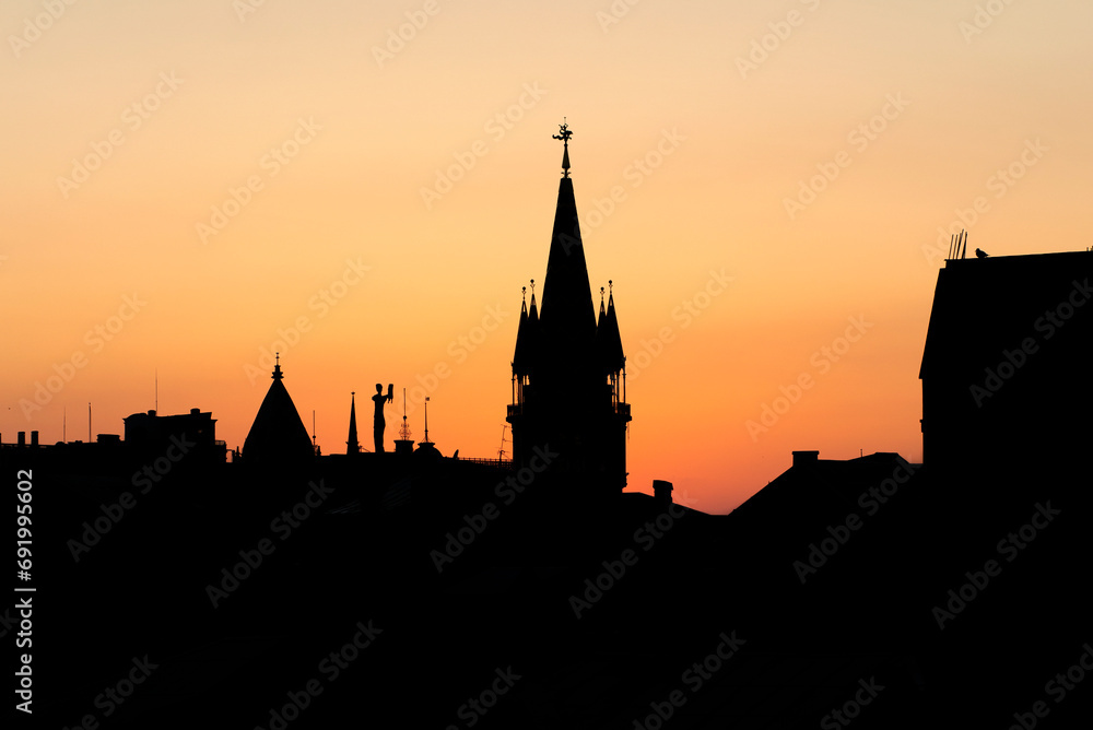 A silhouette view of the skyline of Batumi city against beautiful sunset sky