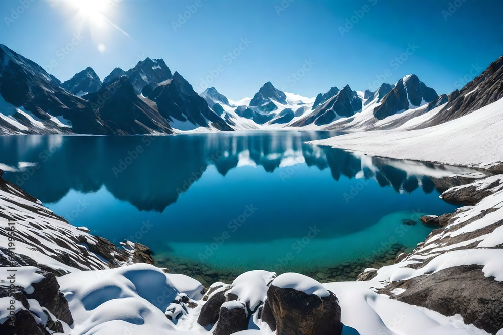 A pristine alpine lake nestled between rugged snow-capped peaks, mirroring the clear blue sky.