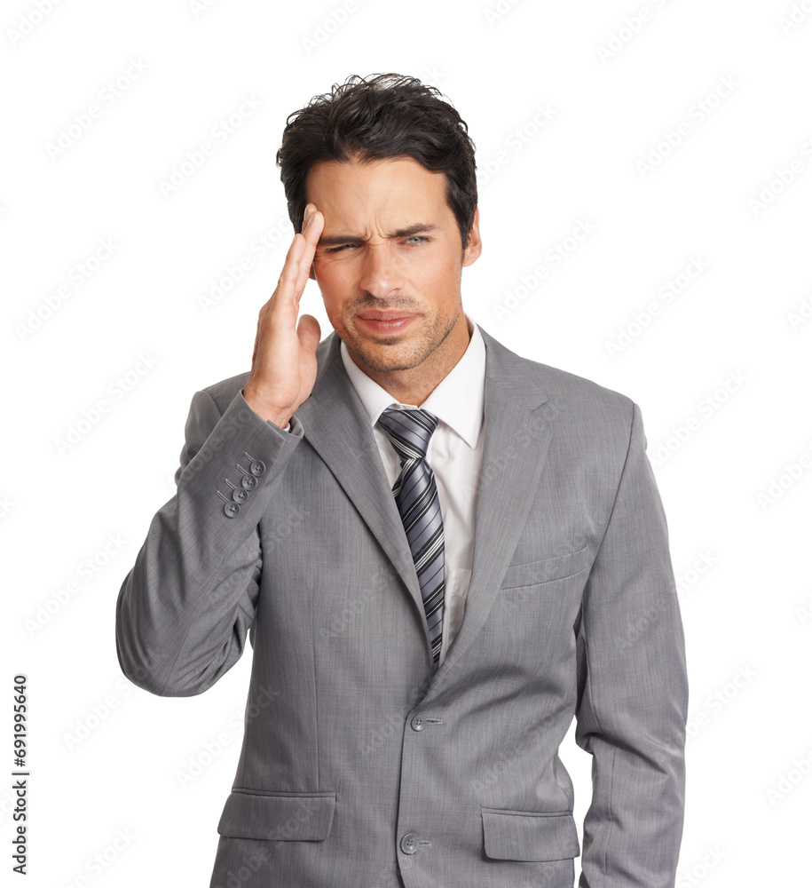 Business man, confused and stress in studio for burnout, headache and risk of challenge on white background. Frustrated worker thinking of fatigue, doubt and corporate mistake, disaster and crisis Business man, confused and stress in studio for burnout, headache and risk of challenge on white background. Frustrated worker thinking of fatigue, doubt and corporate mistake, disaster and crisis