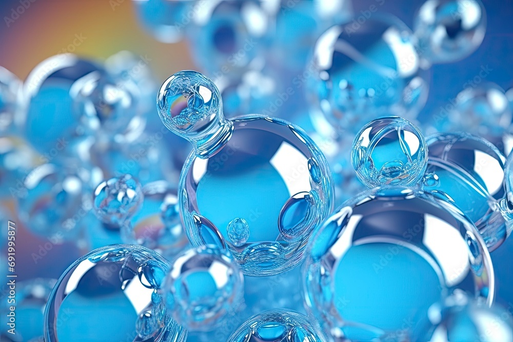 Abstract generic transparent molecules structure. Water droplets on a vibrant blue background, capturing the beauty of nature at a microscopic level. Atoms or molecules, small interconnected spheres