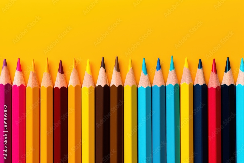 a row of colored pencils sitting next to each other on a yellow background with a row of different colored pencils. a row of colored pencils sitting next to each other on a yellow background with a row of different colored pencils.