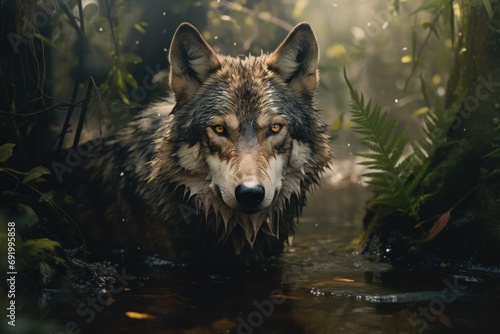  a close up of a wolf in a body of water with trees and plants in the background and water droplets on the ground.