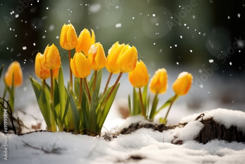  a group of yellow flowers sitting on top of a pile of snow next to a pile of snow covered ground. © Shanti