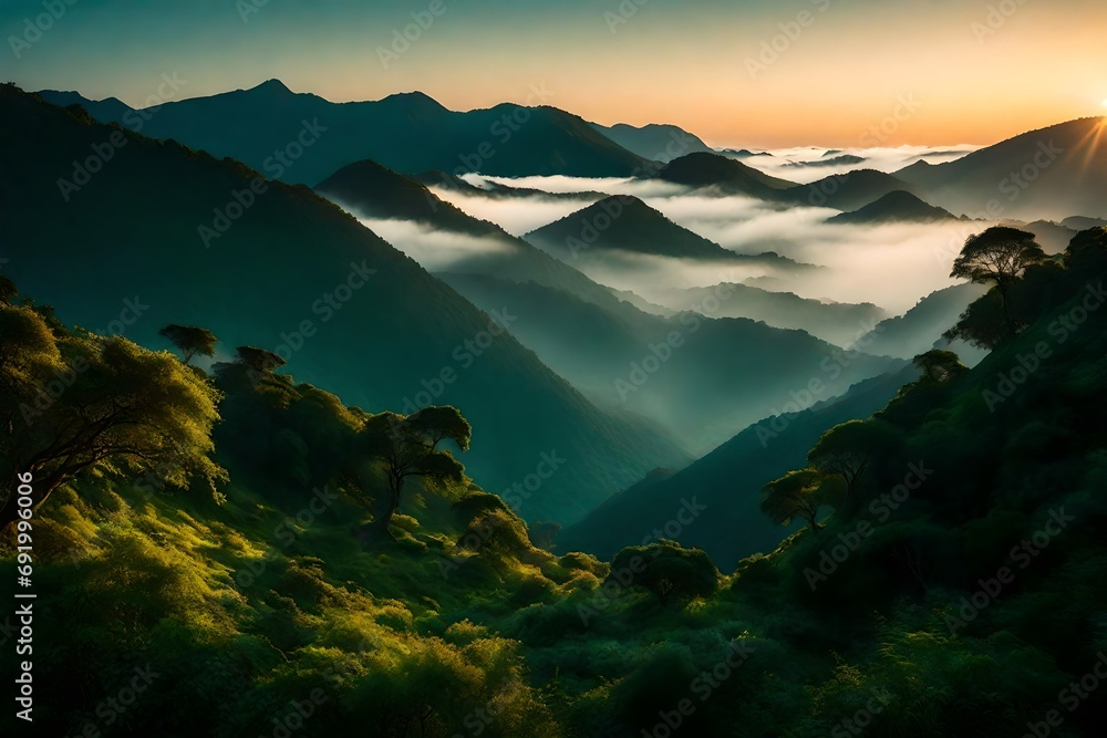 Layers of mist and lush vegetation blending seamlessly in the dawn's first light,  the untouched grandeur of mountainous terrain