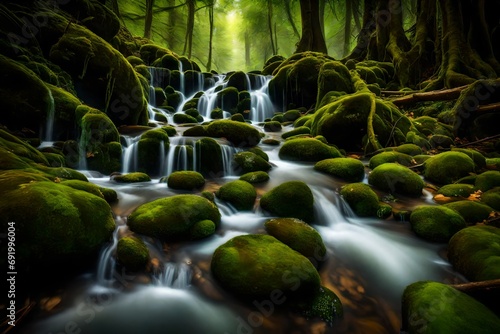 A crystal-clear stream cascading down a moss-covered waterfall in a lush forest.