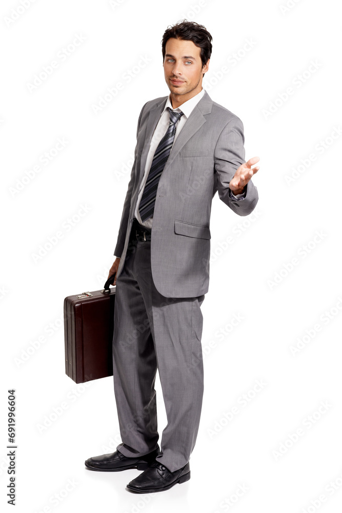Hand, gesture and man with a briefcase for business in white background of studio with presentation. Businessman, asking and presenting with bag in corporate, work or professional entrepreneur